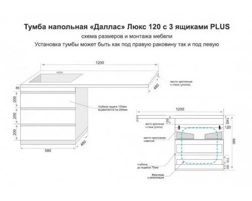 Тумба напольная Даллас 120 Люкс Plus ПВХ с раковиной Даллас 120 под стиральную машину, 3 ящика, правая, белая