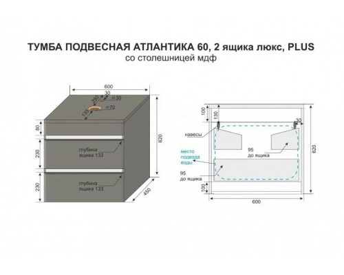Тумба подвесная Атлантика 60 со столешницей, бетон темный
