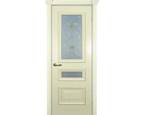 Дверь Текона Фрейм 05 Ясень слоновая кость багет патина золото 2 стекла витраж Калипсо белое