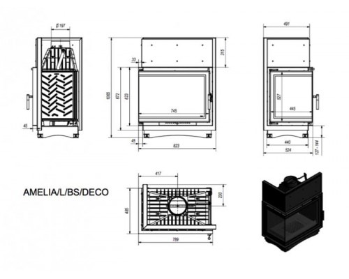 Топка AMELIA/L/BS/DECO, Г-образное стекло слева