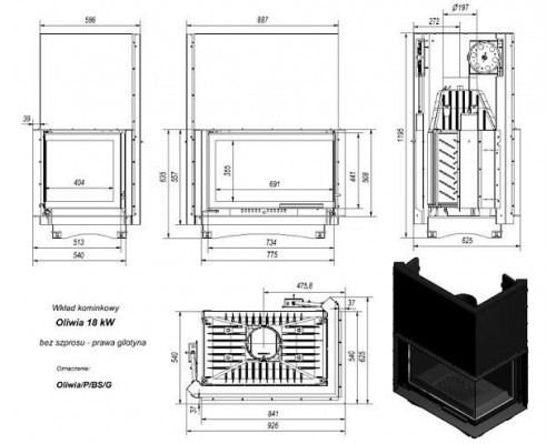 Топка OLIWIA/P/BS/G, Г-образное стекло справа, гильотина Топка OLIWIA/P/BS/G, Г-образное стекло справа, гильотина