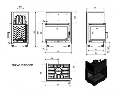 Топка ZUZIA/L/BS/DECO, Г-образное стекло слева Топка ZUZIA/L/BS/DECO, Г-образное стекло слева