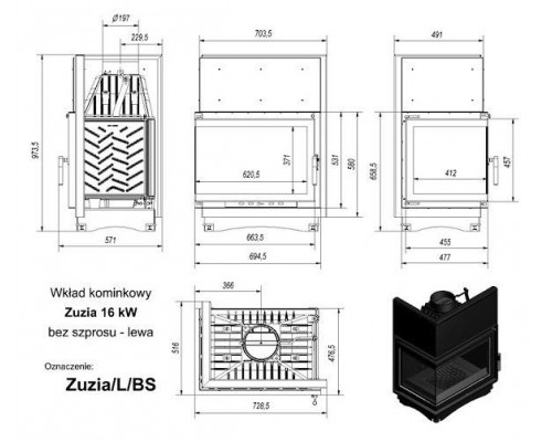 Топка ZUZIA/L/BS, Г-образное стекло слева Топка ZUZIA/L/BS, Г-образное стекло слева