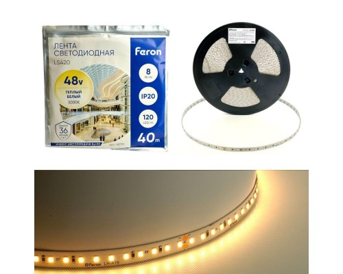 Светодиодная лента Feron 8W/m 120LED/m 2835SMD теплый белый 40M LS420 48791 Светодиодная лента Feron 8W/m 120LED/m 2835SMD теплый белый 40M LS420 48791