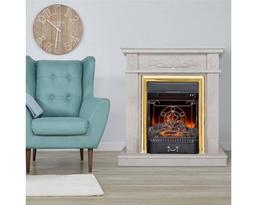RealFlame Электрокамин Adelaida WT белый камень с очагом Majestic Lux Brass
