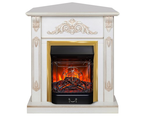 RealFlame Электрокамин Anita Corner WT дуб белый с золотой патиной с очагом Majestic Lux Brass