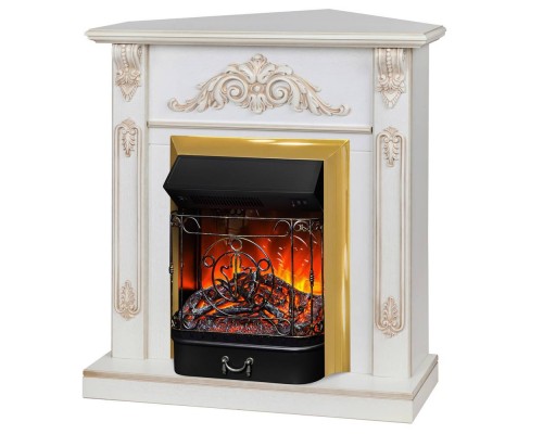RealFlame Электрокамин Anita Corner WT дуб белый с золотой патиной с очагом Majestic Lux Brass