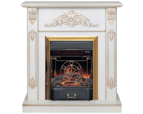 RealFlame Электрокамин Anita WT дуб белый с золотой патиной с очагом Majestic Lux Brass