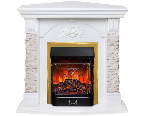RealFlame Электрокамин Athena Corner GR белый с очагом Majestic Lux Brass