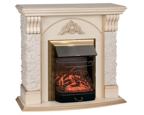 RealFlame Электрокамин Athena WT белый дуб с золотой патиной с очагом Majestic Lux Brass