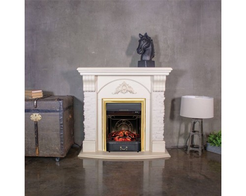 RealFlame Электрокамин Athena WT белый дуб с золотой патиной с очагом Majestic Lux Brass