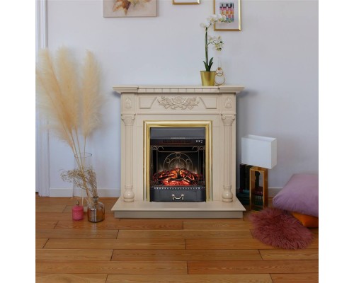 RealFlame Электрокамин Dacota WT белый дуб с очагом Majestic Lux Brass