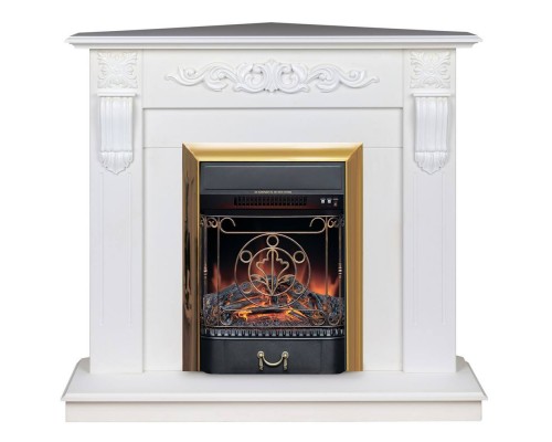 RealFlame Электрокамин Dominica Corner DN белый матовый с очагом Majestic Lux Brass