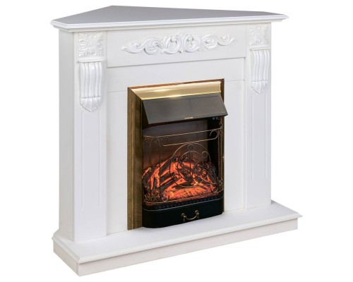 RealFlame Электрокамин Dominica Corner DN белый матовый с очагом Majestic Lux Brass