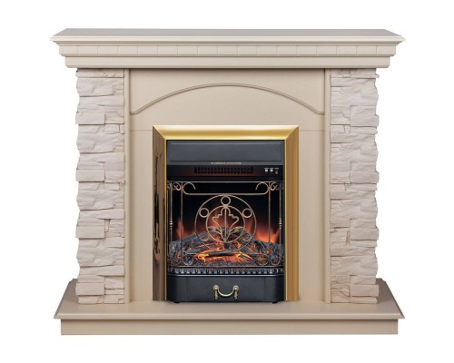 RealFlame Электрокамин Elford WT белый дуб с очагом Majestic Lux Brass