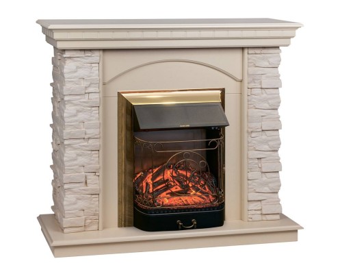 RealFlame Электрокамин Elford WT белый дуб с очагом Majestic Lux Brass