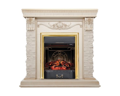 RealFlame Электрокамин Patricia WT белый дуб с золотой патиной с очагом Majestic Lux Brass