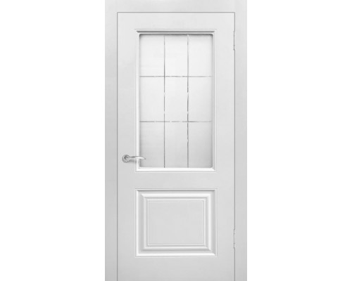 Дверь Верда Роял 2 остекленная Винил Стекло Сатинато с гравировкой Белый