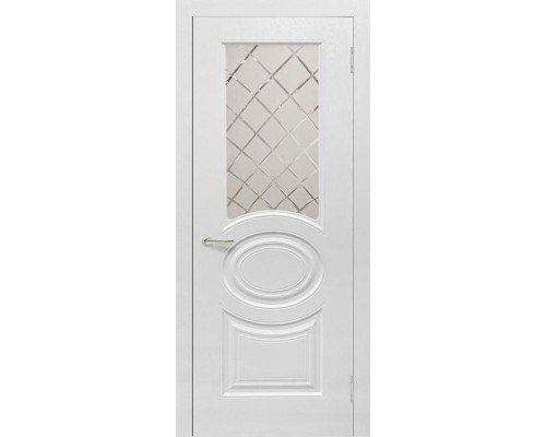 Дверь Верда Роял 1 остекленная Винил Стекло Сатинато с гравировкой Белый